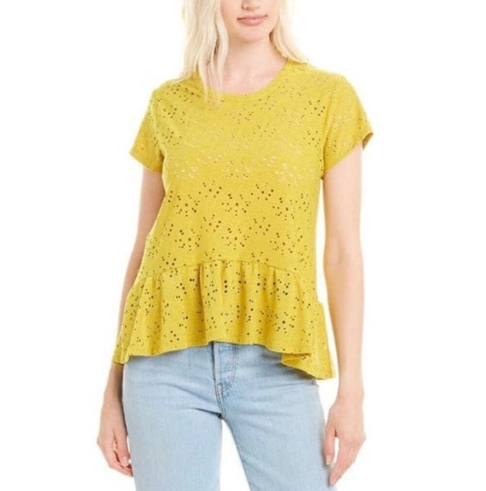 Nanette Lepore Yellow Floral Eyelet Peplum Blouse Size Medium